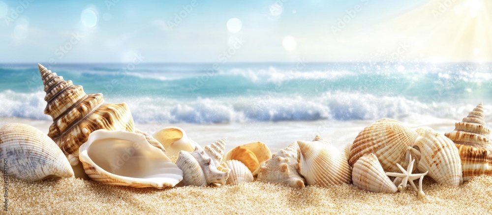 Aufkleber seashells on sandy beach with ocean waves in background and sunlight creating a bright atmosphere co