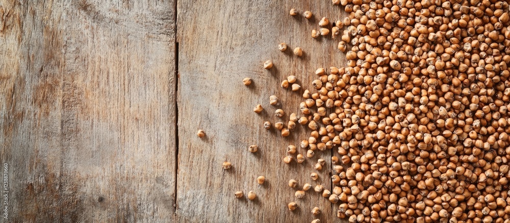 Aufkleber brown grains scattered on rustic wooden background with ample copy space for text insertion.