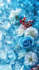 Blue Roses And Ice On A Cool Background
