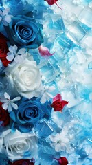 Beautiful Blue And White Roses With Ice Cubes