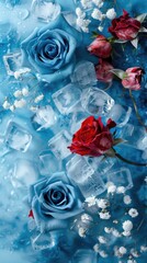 Charming Blue Roses Among Ice Cubes And Blooms