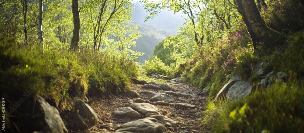 Poster nature pathway in lush green forest with sunlight filtering through trees and pebbled trail copy spa