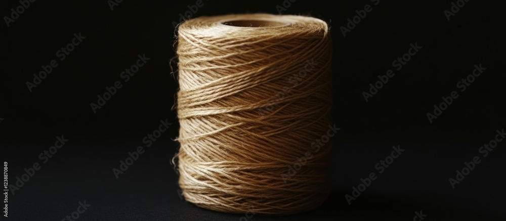 Poster brown twine spool placed on a dark background with soft shadows creating a minimalist aesthetic and 