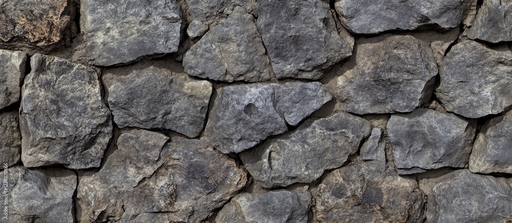 Poster textured stone wall background with irregularly shaped gray rocks arranged in a staggered pattern. c