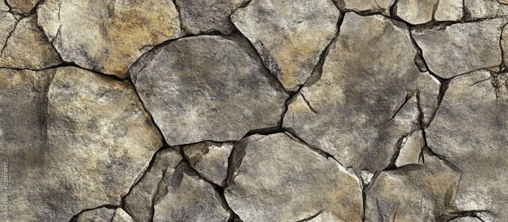 Poster textured close-up of rugged stone wall surface featuring large uneven cracks and natural color varia