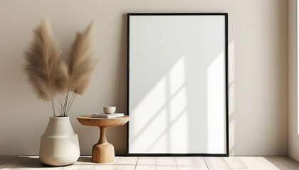Blank picture frame mockup, Minimalist thin black frame around a white canvas, placed against a soft beige wall, with a small wooden side table nearby, wall art presentation template, Picture frame
