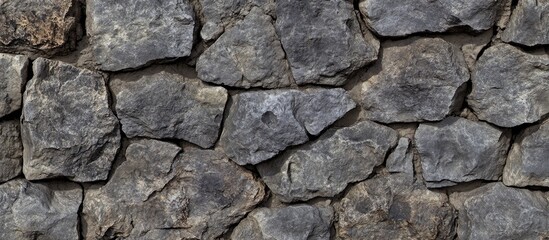 Textured stone wall background with irregularly shaped gray rocks arranged in a staggered pattern. Copy Space.