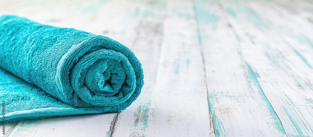 Poster turquoise rolled towel on rustic wooden background with copy space for text placement