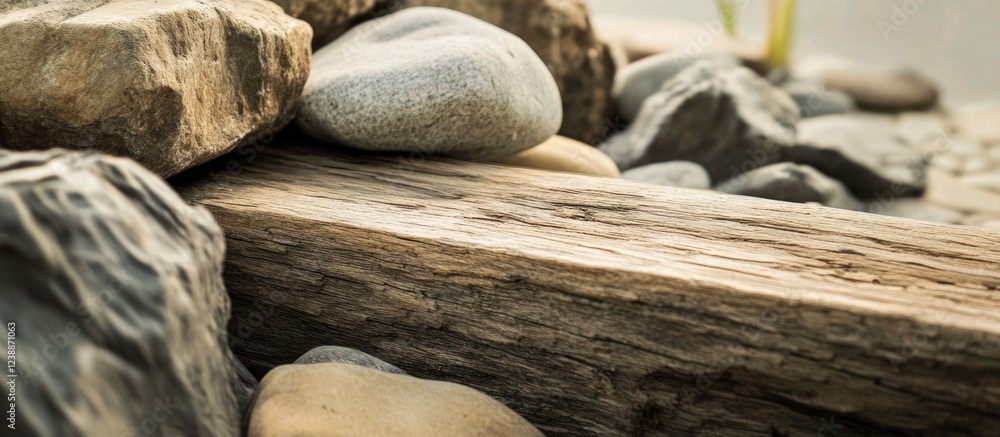 Poster natural composition of wooden plank and smooth pebbles arranged in a tranquil setting ideal for rela