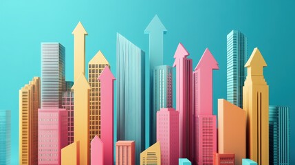 Obraz premium Real estate investment, skyscrapers with profit arrows, 3D illustration. 