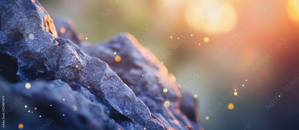 Poster close-up of textured rock surface with blurred natural background and soft glowing particles in the 