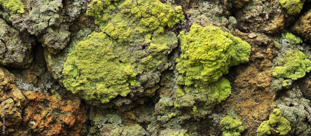 Aufkleber textured wall of rock covered with green and gray lichen and moss in natural environment showing div