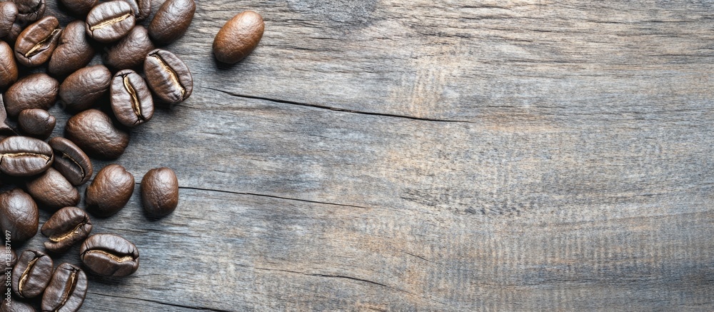 Poster coffee beans scattered on rustic wooden table with natural texture and copy space for text placement