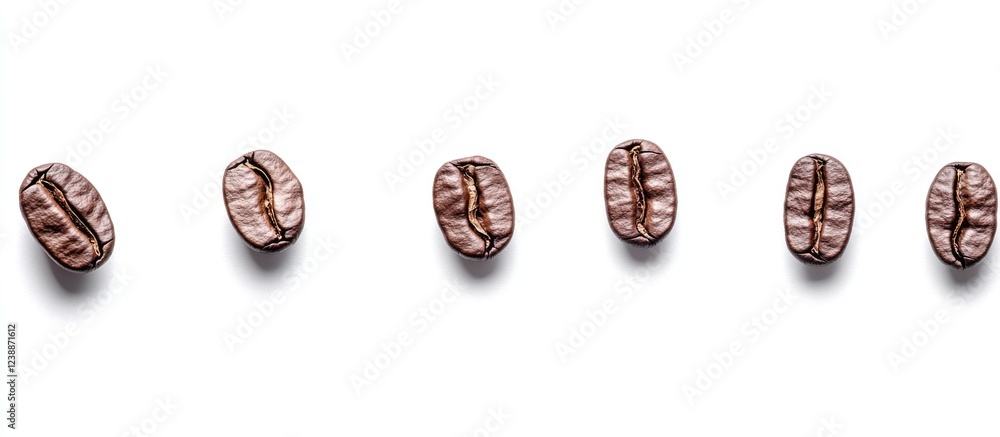 Poster coffee beans arranged in a row on a white background with shadow and copy space for text placement