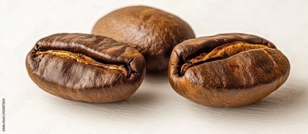 Poster close-up of three roasted coffee beans on a white background with copy space for text placement