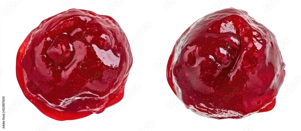 Poster two glossy red fruit jelly blobs with shiny surface texture on white background, ideal for food phot