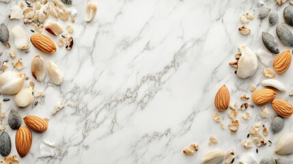 Obraz premium artistically arranged healthy nuts and seeds composition creating an elegant pattern on white marble, styled with natural light for modern food photography