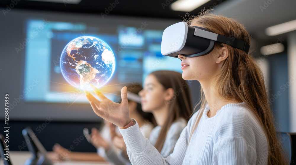 Aufkleber students using virtual reality headsets in advanced classroom setup, exploring interactive learning 