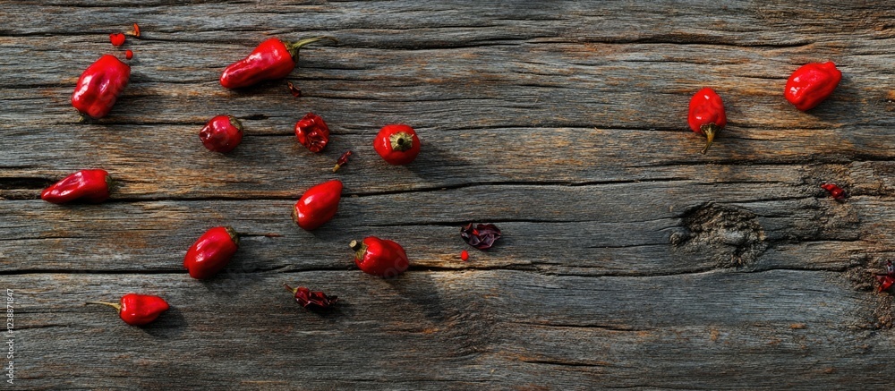 Poster fresh red chili peppers arranged on a rustic wooden surface with natural textures and copy space for