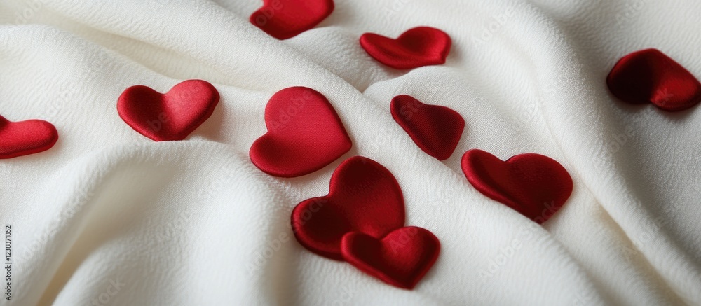 Poster red satin heart shapes scattered on a white fabric background creating a romantic and decorative the