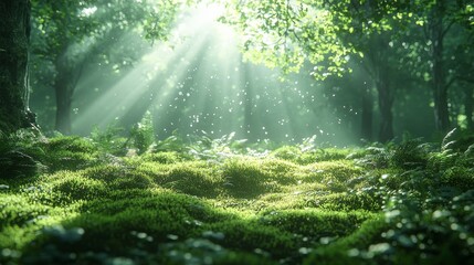 Obraz premium Golden rays of sunlight dance through the canopy, casting a magical glow on the soft green moss. Nature awakens, sparkling droplets enhance the serene beauty of the tranquil forest