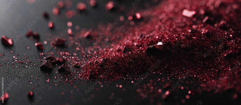 Poster red glitter particles scattered on a dark surface with a blurred background and smooth texture copy 