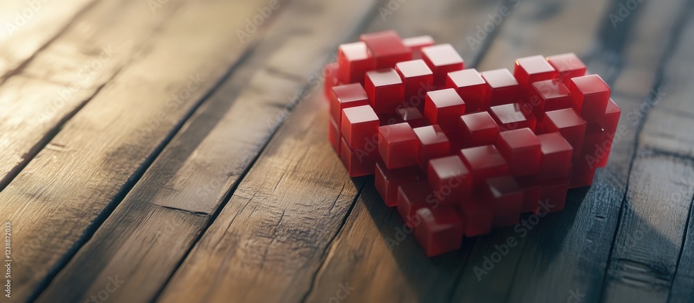 Poster red heart shape composed of small cubes on a wooden surface with soft lighting and copy space for te