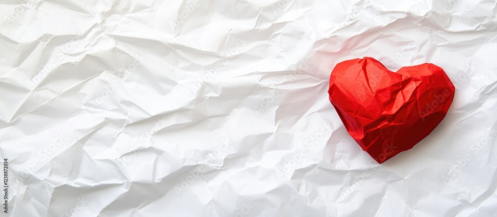 Poster crumpled white paper background with a textured red paper heart positioned on the left side and copy