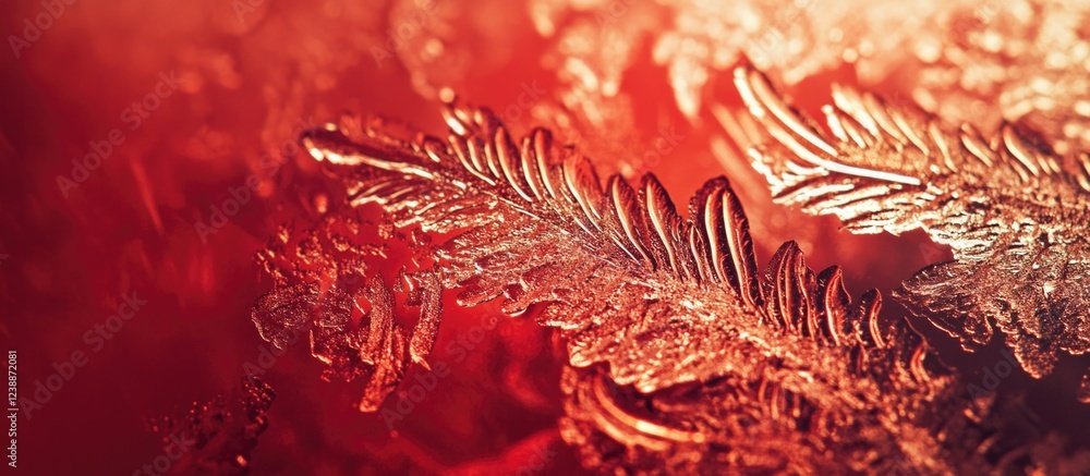 Poster frosted leaves on a vibrant red background detailed close-up shot with intricate ice patterns and te
