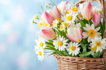 Obraz premium Floral Beauty In Wicker Basket Featuring Tulips