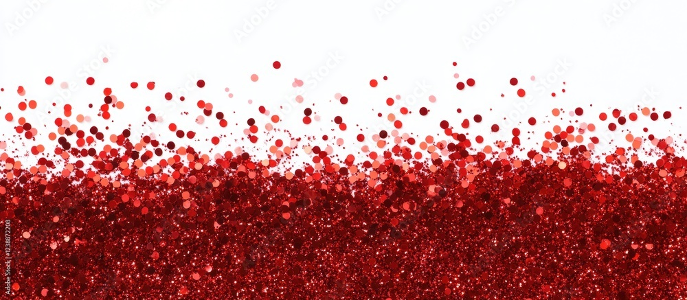 Poster red glitter texture background with scattered round sequins on a white backdrop suitable for decorat