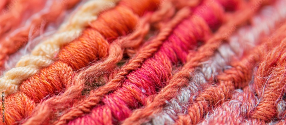 Poster close-up of colorful embroidery threads showcasing intricate stitching patterns in orange, red, and 