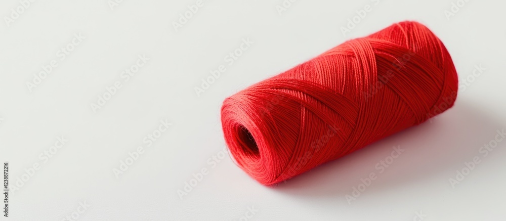 Poster red sewing thread spool on a plain background with ample copy space for text insertion