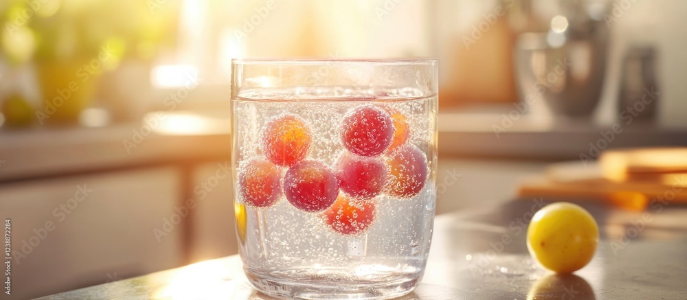 Poster fresh berries submerged in sparkling water in a clear glass with a lemon on the table and a bright k