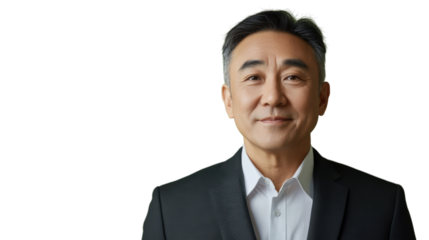 Smiling senior asian businessman looking on transparent background