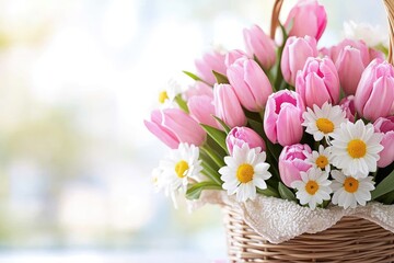 Obraz premium Elegant Pink Tulips With White Daisies
