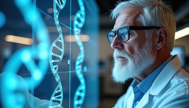 A senior scientist examines a digital DNA model, immersed in genetic research. - Powered by Adobe