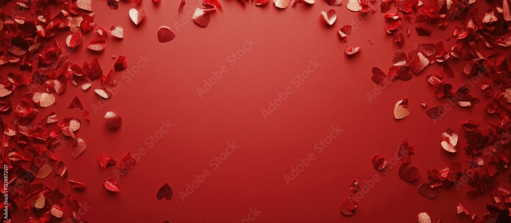Poster red background with scattered red and pink heart-shaped confetti creating a festive atmosphere with 