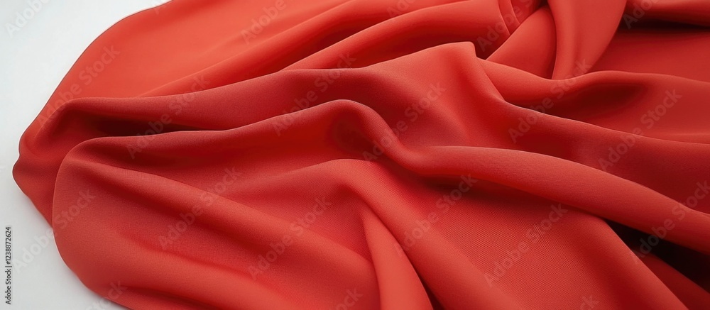 Poster red chiffon fabric draped elegantly on a smooth surface with soft folds and texture suitable for tex