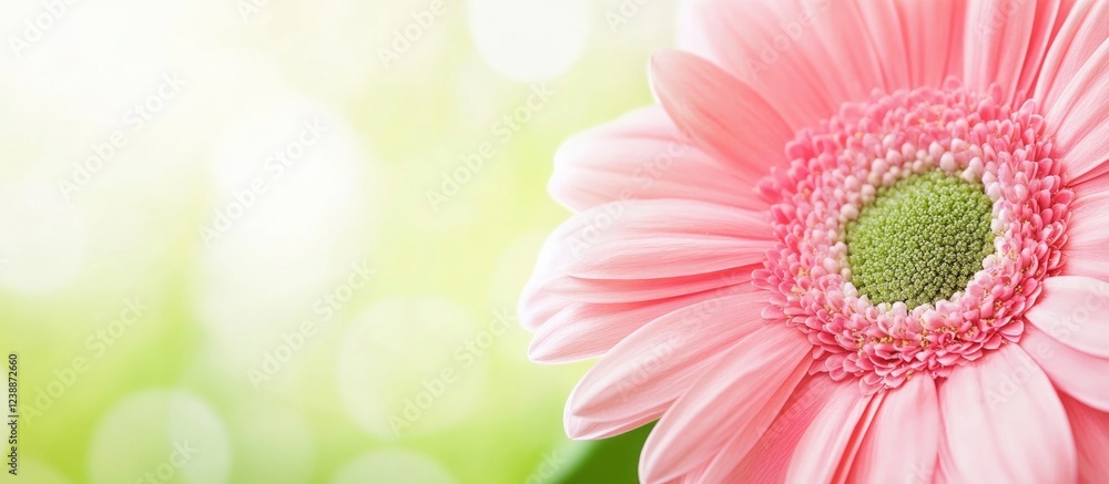 Poster pink gerbera daisy flower close-up on a soft green background with blurred bokeh effect and copy spa