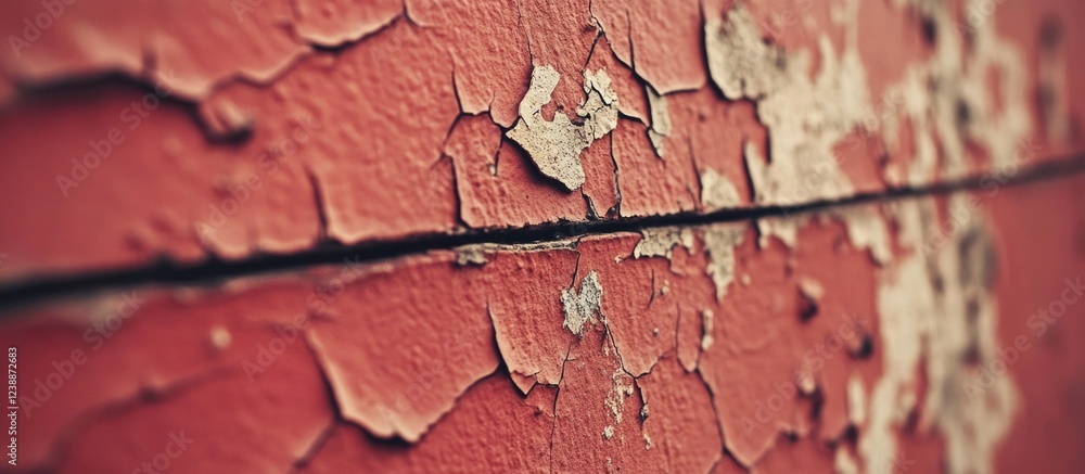Poster close-up of weathered red paint peeling off wooden surface with cracks and texture showing deteriora