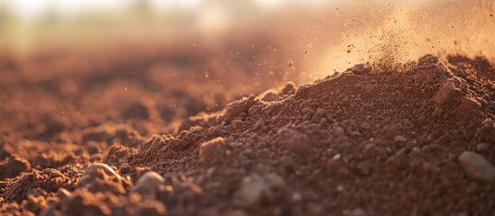 Close-up of rich brown soil with scattered dust particles illuminated by sunlight in agricultural field, ideal for earth and nature themes Copy Space
