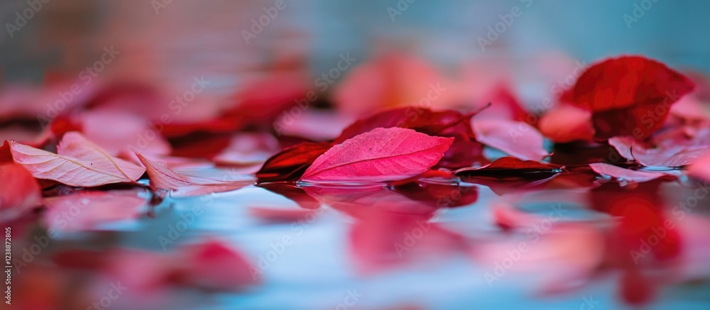 Poster red autumn leaves floating on calm water surface with reflection and blurred background. copy space