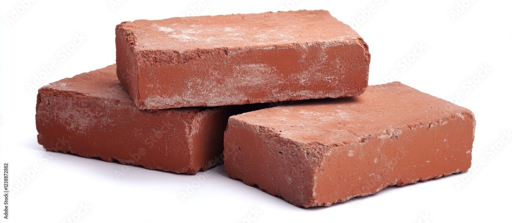 Poster three traditional red bricks stacked on top of each other with rough texture isolated on white backg