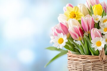 Fototapeta premium Colorful Spring Tulips And Daisies In A Basket
