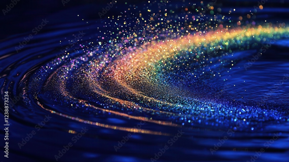 Poster cascading iridescent diamond dust exploding against deep midnight blue background, creating a mesmer