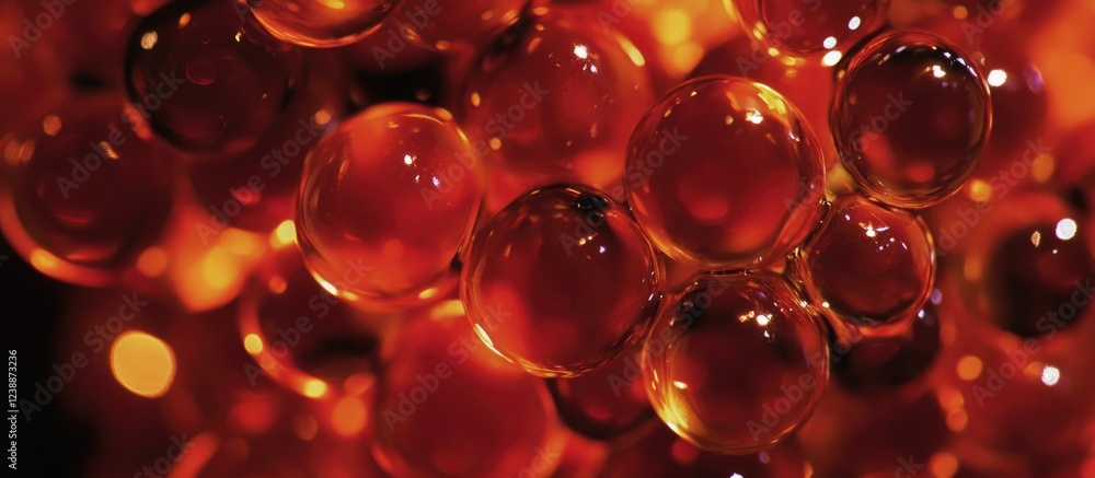 Poster close-up of translucent red spheres with highlights abstract background with copy space