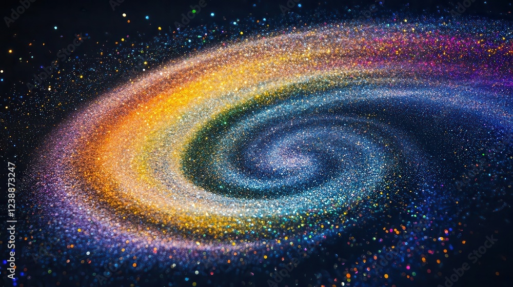 Poster cascading iridescent diamond dust exploding against deep midnight blue background, creating a mesmer