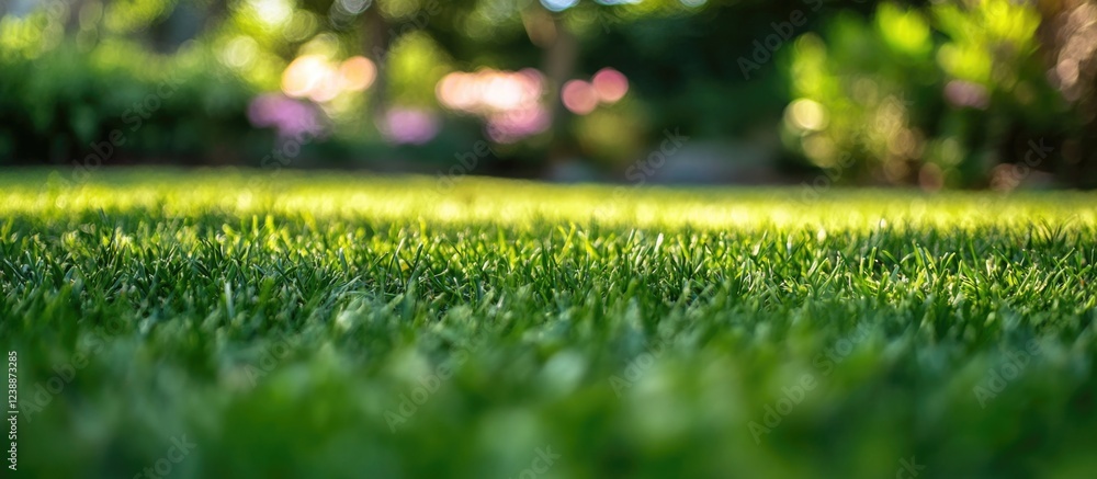 Poster lush green lawn with soft focus background depicting sunlight filtering through trees and blurred ga