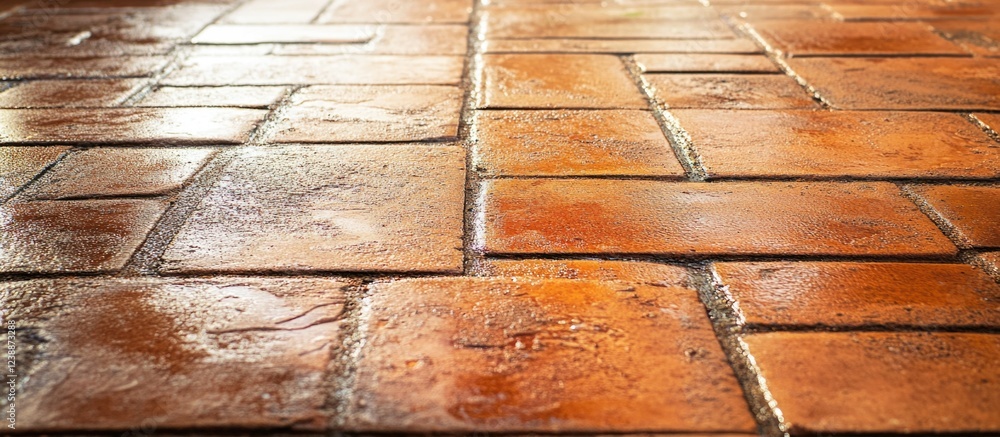 Poster wet terracotta floor tiles arranged in a geometric pattern with reflections highlighting texture and